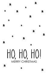 Risa de Papá Noel. Expresión de Santa Claus. Banner con frase Ho ho ho Merry Christmas manuscrito con copos de nieve en color negro