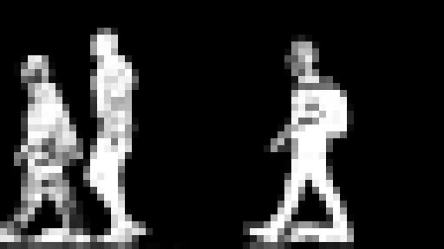 Pixelated People.
Pedestrians and cyclists moving past the camera pixelated into 60px squares.
