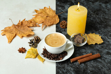 Naklejka na ściany i meble Cozy autumn concept background with coffee drink