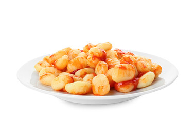 Plate with tasty gnocchi on white background