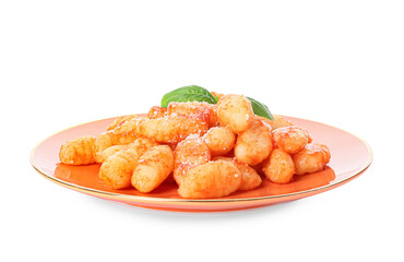 Plate with tasty gnocchi on white background