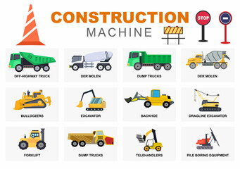 Set Construction Machine of Real Estate Vector illustration. There Are Various Types Of Truck, Heavy Equipment Car, Road Signs And Machinery