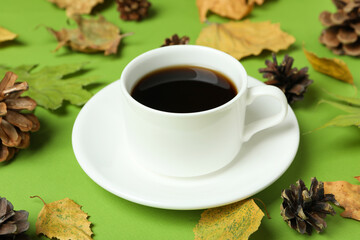 Cozy autumn concept background with coffee drink