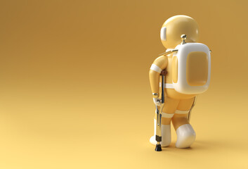 3D Render Astronaut Disabled Using Crutches To Walk 3D Illustration Design.