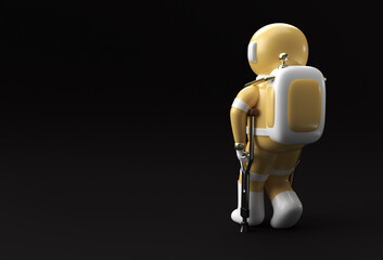 3D Render Astronaut Disabled Using Crutches To Walk 3D Illustration Design.