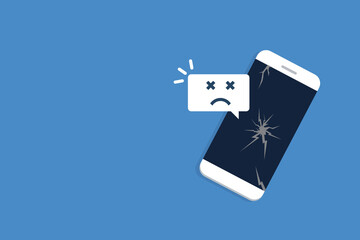 Broken smartphone with sad smile. Broken phone service, recovery and repair concept.	