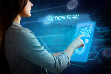 Business, Technology, Internet and network concept. Young businessman working on a virtual screen of the future and sees the inscription: Action plan