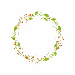 Invitation design with herbs, branches, leaves. Template, frame, circle, garland. Raster branches, leaves isolated on white background.