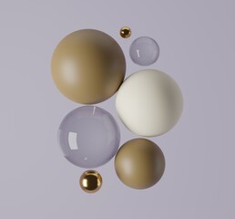 Balloons float in the air on a studio background. White, transparent and gold paint 3d rendered