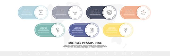 Business vector infographics with seven circles and labels. Timeline visualization with 7 steps for diagram, flowchart, banner, presentations, web, content, levels, chart, graphic