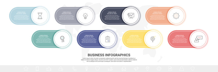 Business vector infographics with 8 circles and labels. Timeline visualization with eight steps for diagram, flowchart, banner, presentations, web, content, levels, chart, graphic