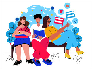 A group of friends is sitting on a bench in the park. A man is reading a book, a woman is sitting with a laptop. Online and live communication. Flat vector illustration