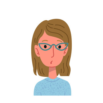 Girl with glasses and sweater portrait. Avatar of a serious woman, teacher or lawyer. Vector illustration of flat isolate.