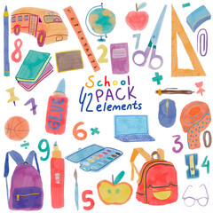 Back to School big collection with different stationery and school supplies. Hand drawn watercolor painting clip art.