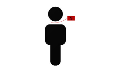 silhouette of a man with a price tag on his neck on a white background. the world problem of human trafficking. dollar sign on red plate