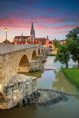 Regensburg, Germany. Cityscape image of Regensburg, Germany with Old Stone Bridge over Danube River...