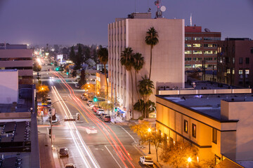 Nighttime twilight view of the downtown skyline of Bakersfield, California, USA.