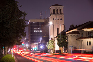Nighttime twilight view of the downtown skyline of Bakersfield, California, USA. - obrazy, fototapety, plakaty