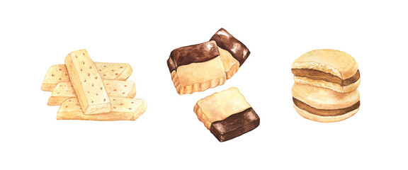 Traditional Scotland shortbread cookies, chocolate-coated cookies and cookies with the caramel-praline filling. Sweet watercolor illustration on white isolated background. 