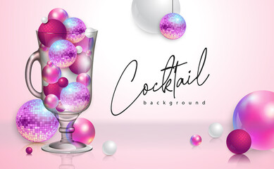 Cocktail disco party poster with 3d abstract spheres and pink disco ball. Cocktail background. Vector illustration
