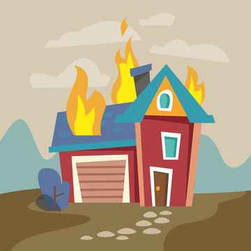 Two storey cartoon house engulfed in flames, fire and fire concept. Fire Insurance Colourful Vector Illustration flat style