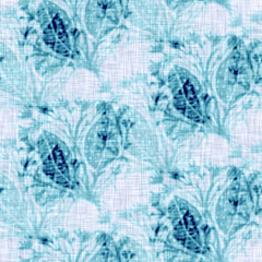 Cyanotypes blue white botanical linen texture. Faux photographic floral sun print effect for trendy out of focus fashion swatch. Mono print flower in 2 tone color. High resolution repeat tile. 