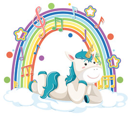 Unicorn laying on cloud with rainbow and melody symbol