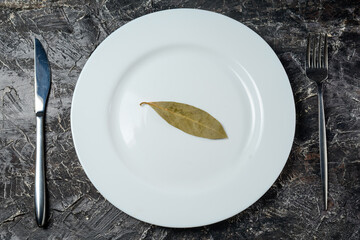 bay leaf on a white plate on a dark background with cutlery fork and knife
