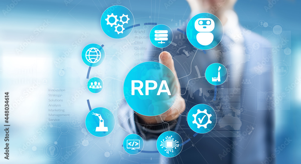 Poster rpa robotic process automation innovation technology concept on virtual screen.