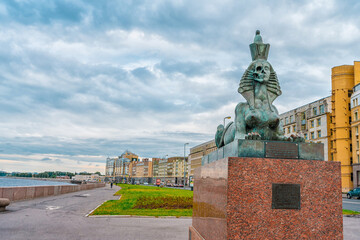 Egyptian sculptures of sphinxes on the embankment. Saint Petersburg, Russia - 13 June 2021