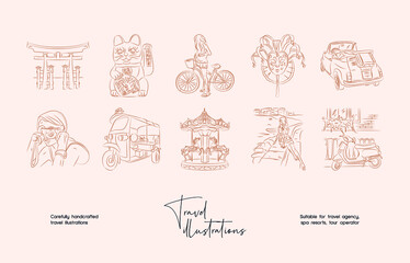 Naklejka premium Hand drawn line art minimal travel vector illustration collection. Illustration of elegant signs and badges for travel agency, photoraphers, travel bloggers.