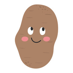 Cute and funny cartoon potato with face expression. Healthy food doodle vegetable vector illustration. Harvest object in flat style showing emotions. Ingredient for salad