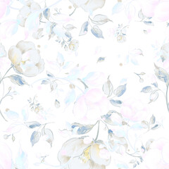Watercolor seamless pattern of light flowers. Plain background. Beautiful print for decoration of textiles and design. Art drawing. Paints, paper, pencil, graphic, pastel. 