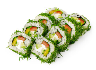 Vegeterian sushi roll with dill and vegetables isolated on white