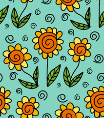 Vector seamless pattern with sunflower flower and spiral snail hand drawn doodle in simple childish cartoon style. Positive cute summer blue background design. Pretty floral wallpaper, textile print