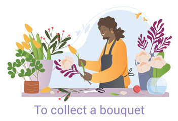 Black female florist arranging vases of cut flowers in her shop with text - To Collet A Bouquet - colored vector illustration on white