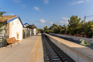 Fototapeta na wymiar Small narrow gauge train station in Calpe, Alicante (Spain).