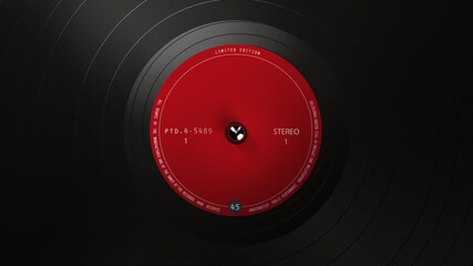 Black vinyl record on a turntable. A black vinyl background with a red sticker in the center for your text. DJ, Disco Trends 60s, - 90s.
