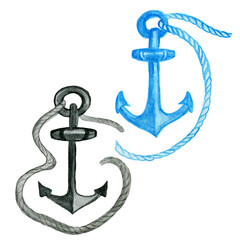 A watercolor-blue white sea vessel.A pirate set of equipment for sea vessels. Sea life, Travel. A Lifebuoy, An Anchor, A Rope Knot. Navigation. A collection of handmade marine cliparts, isolated.