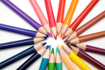 Fototapeta premium Color pencils in arrange in wheel colors on white background