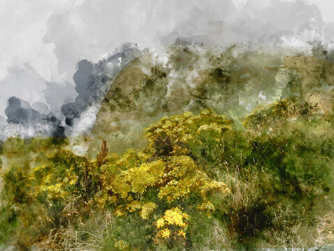 Digital watercolor painting of magnificent landscape image view of the ireland coast.