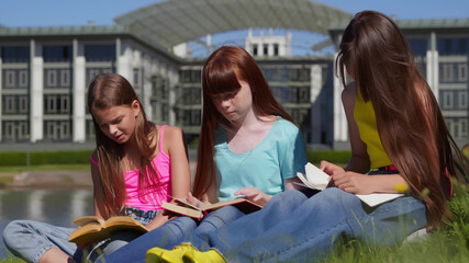 Group of diverse teen school children reading books in park.