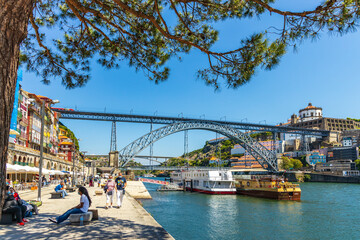 Downtown with Dom Luis I bridge over Douro river in Porto, Portugal