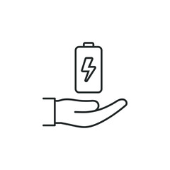 Battery on hand icon line style isolated on white background. Vector illustration