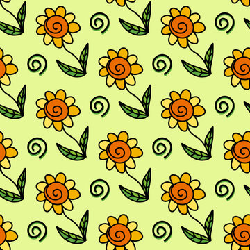 Vector seamless pattern with sunflower flower and spiral snail hand drawn doodle in simple childish cartoon style. Positive cute summer bright background design. Pretty floral wallpaper, textile.