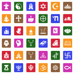 Spiritual Icons. White Flat Design In Square. Vector Illustration.