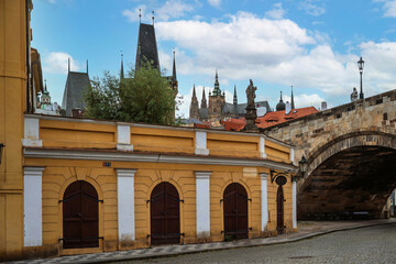 Fototapeta na wymiar Tower of Prague castle and part of Charles bridge in Kampa, Prague.