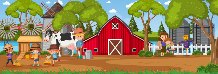 Farm horizontal landscape scene with farmer kids cartoon character