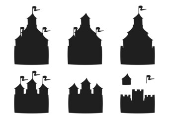 Fairytale castle. Black silhouette. Design element. Vector illustration isolated on white background. Template for books, stickers, posters, cards, clothes.