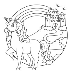 Cute unicorn. Magic fairy horse. Landscape with a beautiful castle. Coloring book page for kids. Cartoon style. Vector illustration isolated on white background.